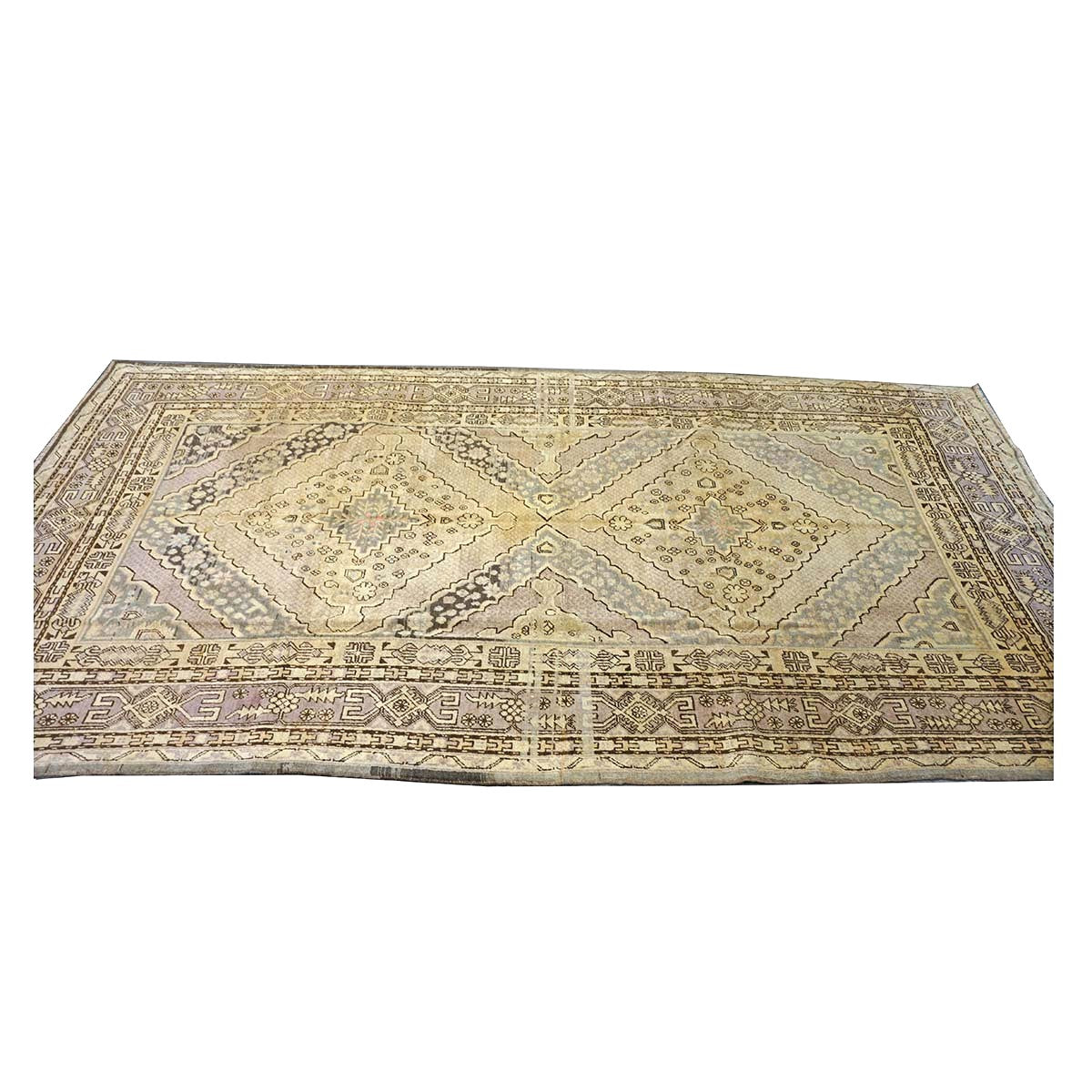 Antique East Turkestani Khotan Wool 6x13 Ivory, Charcoal & Lavender Handmade Gallery Rug #1143926