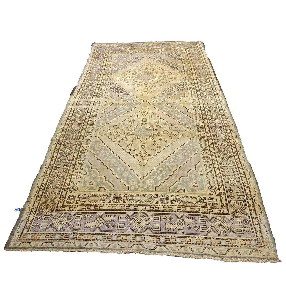 Antique East Turkestani Khotan Wool 6x13 Ivory, Charcoal & Lavender Handmade Gallery Rug #1143926