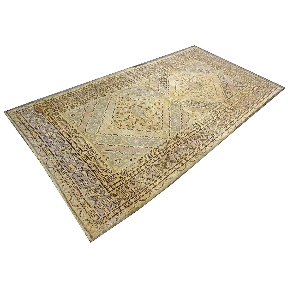 Antique East Turkestani Khotan Wool 6x13 Ivory, Charcoal & Lavender Handmade Gallery Rug #1143926