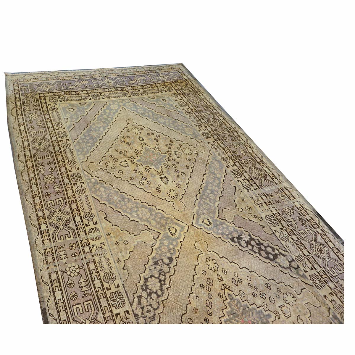 Antique East Turkestani Khotan Wool 6x13 Ivory, Charcoal & Lavender Handmade Gallery Rug #1143926