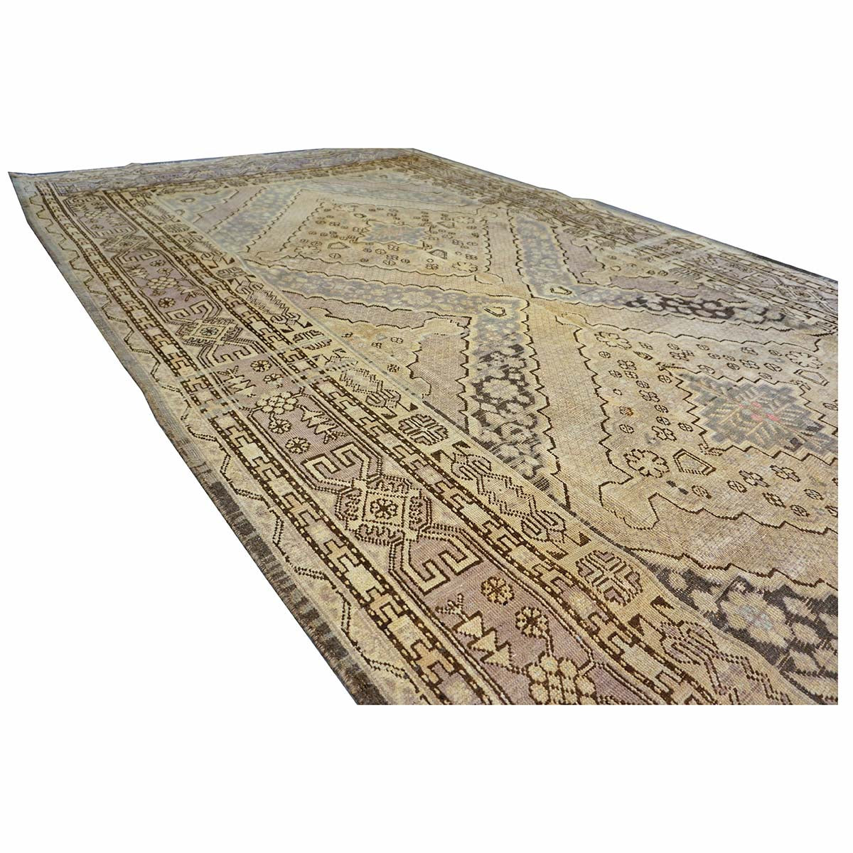 Antique East Turkestani Khotan Wool 6x13 Ivory, Charcoal & Lavender Handmade Gallery Rug #1143926