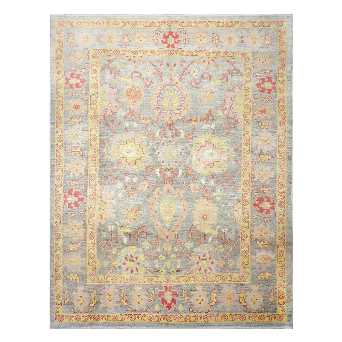 Persian Oushak Wool 8x11 Grey, Red, & Yellow Handmade Area Rug #1143973