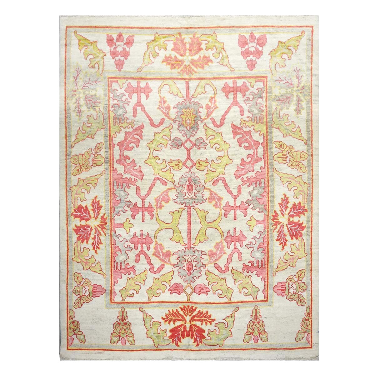 21st Century Persian Oushak Wool 8x11 Ivory, Pink, & Yellow Handmade Area Rug #1143979