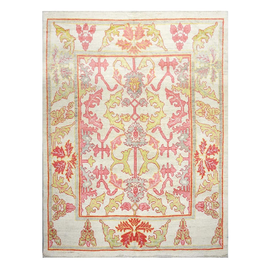 21st Century Persian Oushak Wool 8x11 Ivory, Pink, & Yellow Handmade Area Rug #1143979