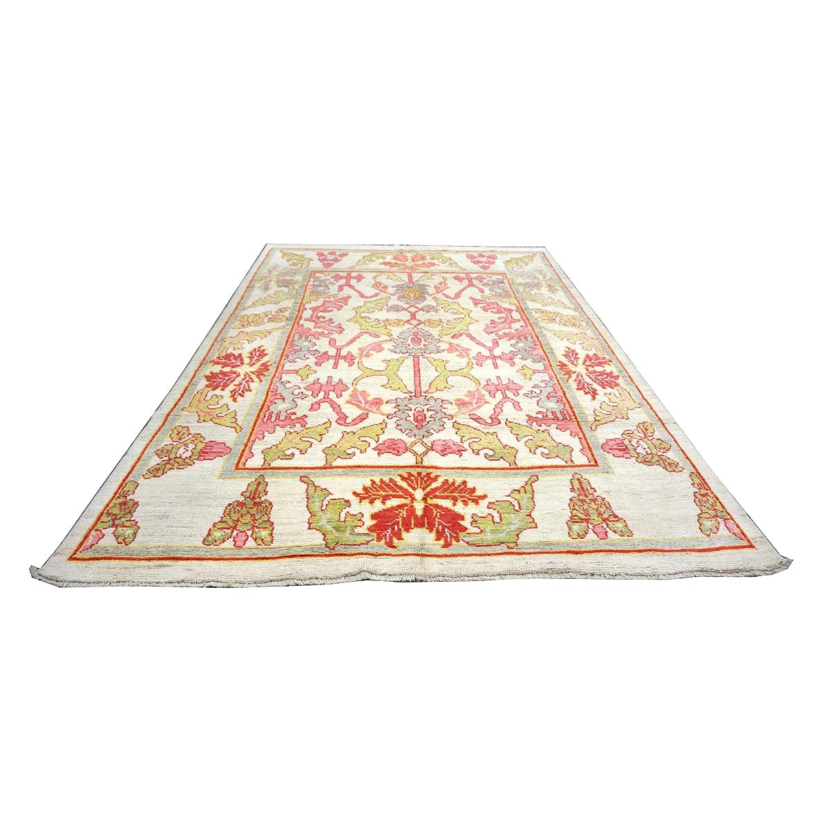 21st Century Persian Oushak Wool 8x11 Ivory, Pink, & Yellow Handmade Area Rug #1143979