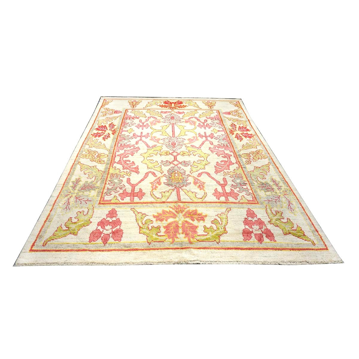 21st Century Persian Oushak Wool 8x11 Ivory, Pink, & Yellow Handmade Area Rug #1143979