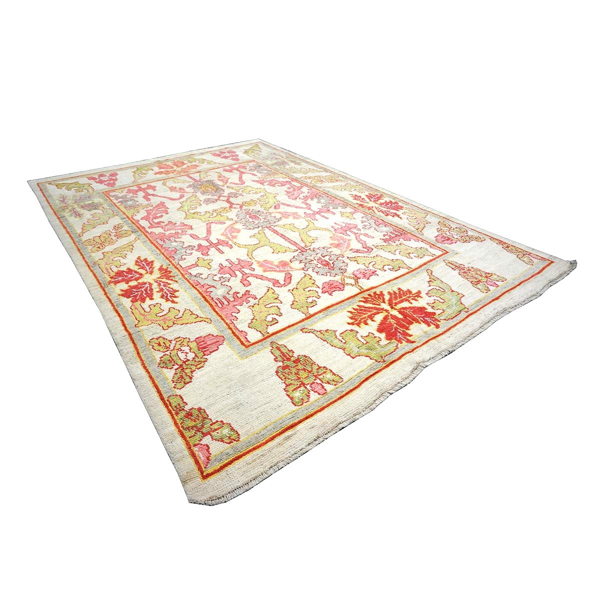 21st Century Persian Oushak Wool 8x11 Ivory, Pink, & Yellow Handmade Area Rug #1143979