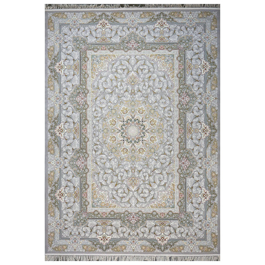 Turkish Tabriz Acrylic 8x12 Grey, Ivory & Gold Machine Made Area Rug #1144015