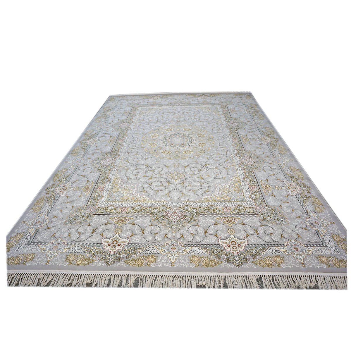 Turkish Tabriz Acrylic 8x12 Grey, Ivory & Gold Machine Made Area Rug #1144015