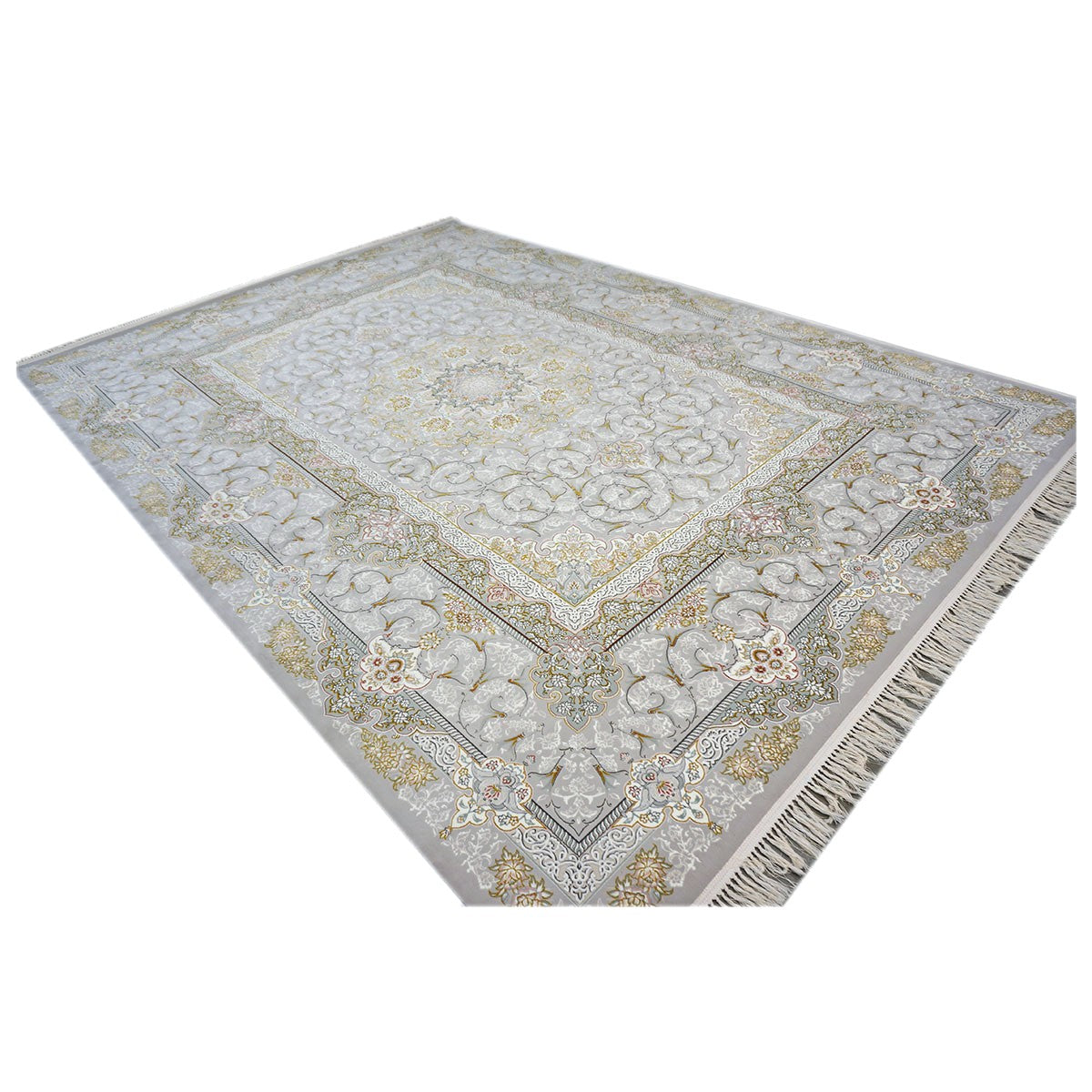 Turkish Tabriz Acrylic 8x12 Grey, Ivory & Gold Machine Made Area Rug #1144015