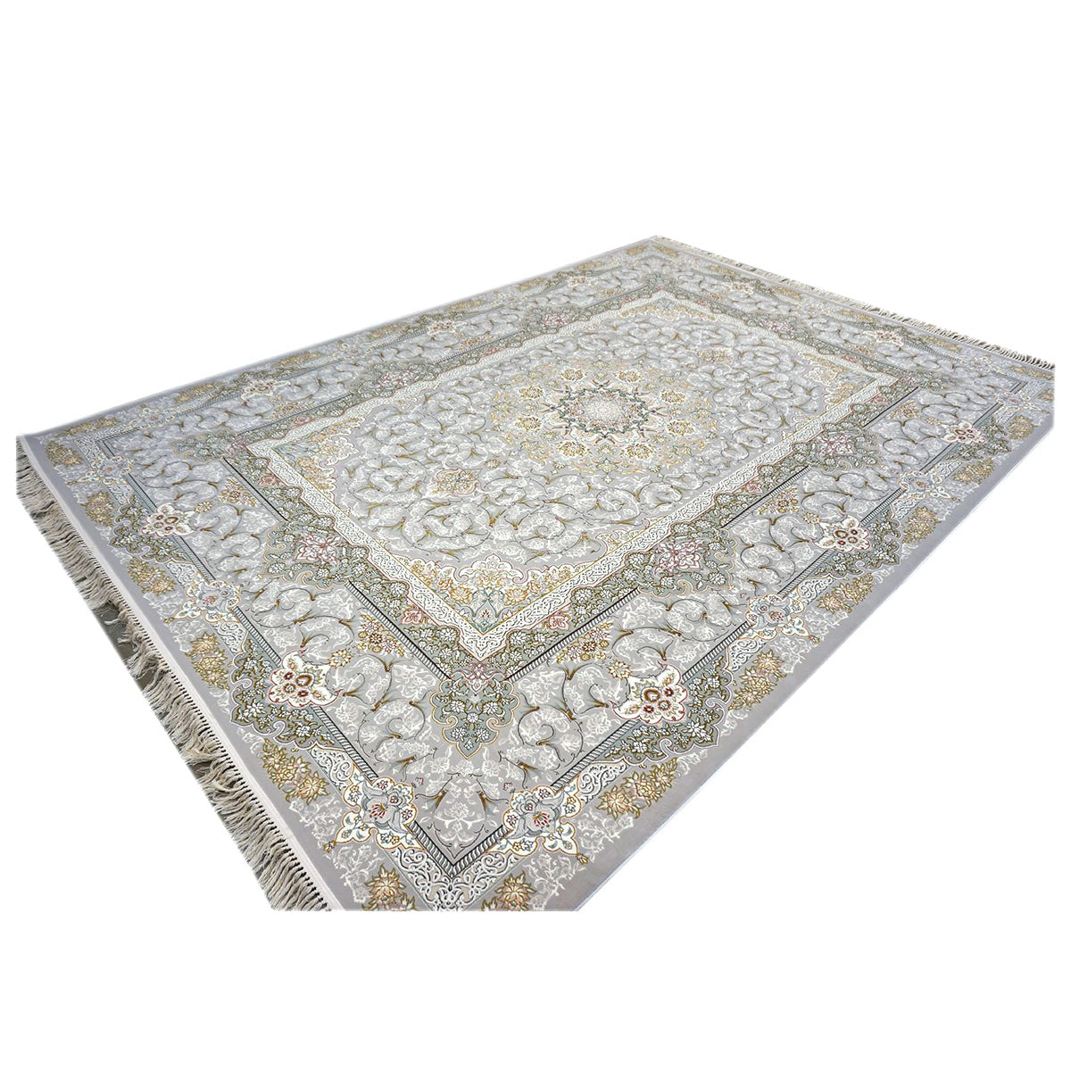 Turkish Tabriz Acrylic 8x12 Grey, Ivory & Gold Machine Made Area Rug #1144015