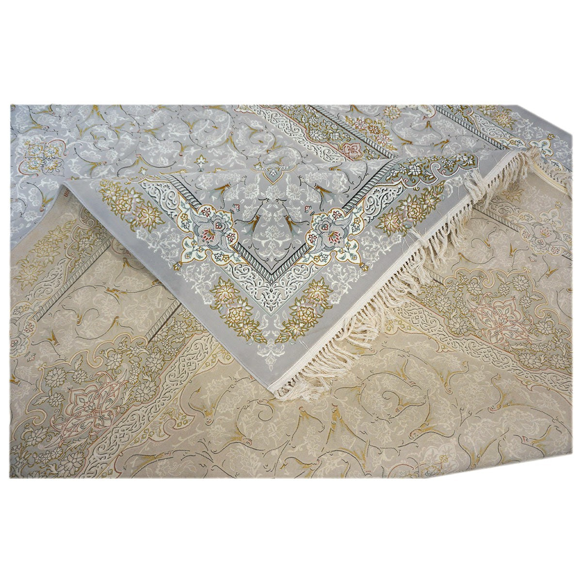 Turkish Tabriz Acrylic 8x12 Grey, Ivory & Gold Machine Made Area Rug #1144015