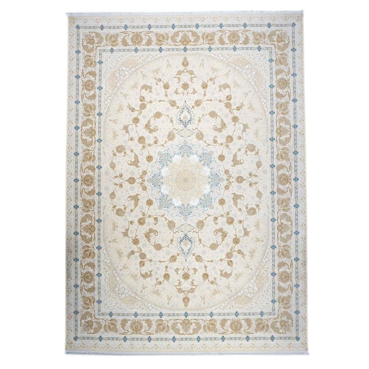 Turkish Tabriz Acrylic 10x13 Ivory, Camel & Blue Machine Made Area Rug #1144018
