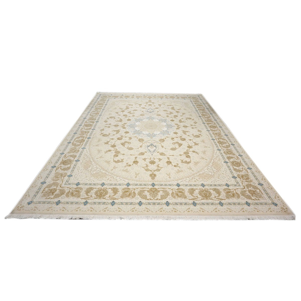 Turkish Tabriz Acrylic 10x13 Ivory, Camel & Blue Machine Made Area Rug #1144018