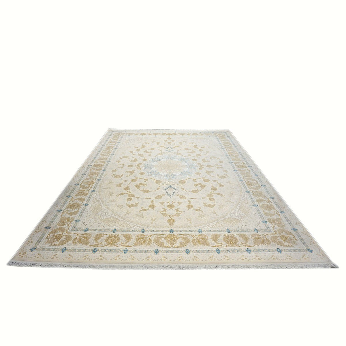 Turkish Tabriz Acrylic 10x13 Ivory, Camel & Blue Machine Made Area Rug #1144018
