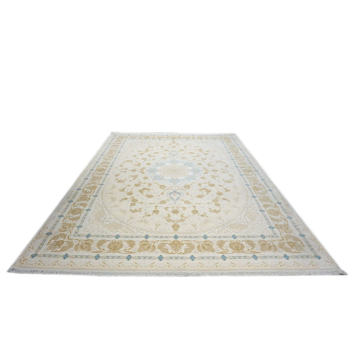 Turkish Tabriz Acrylic 10x13 Ivory, Camel & Blue Machine Made Area Rug #1144018