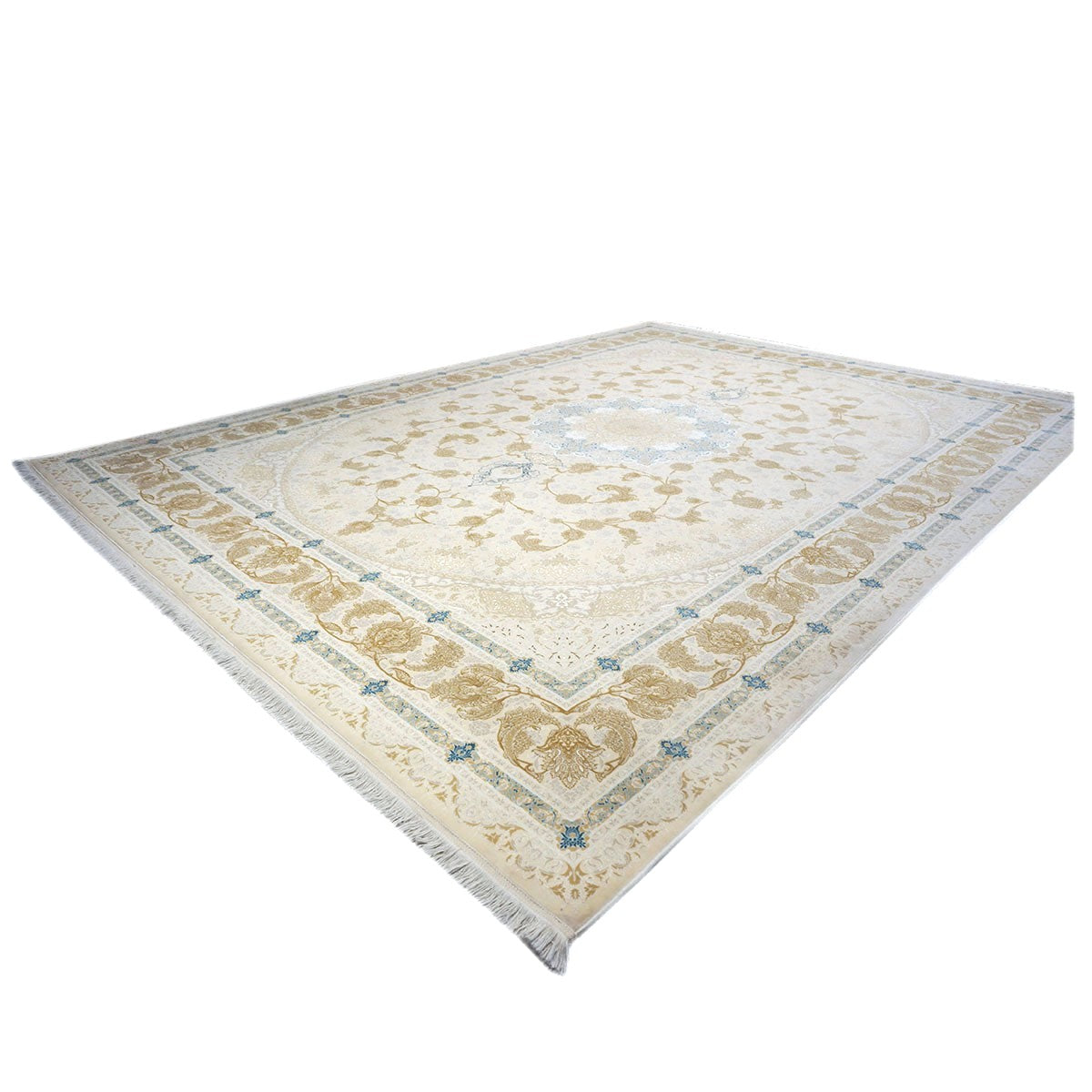 Turkish Tabriz Acrylic 10x13 Ivory, Camel & Blue Machine Made Area Rug #1144018