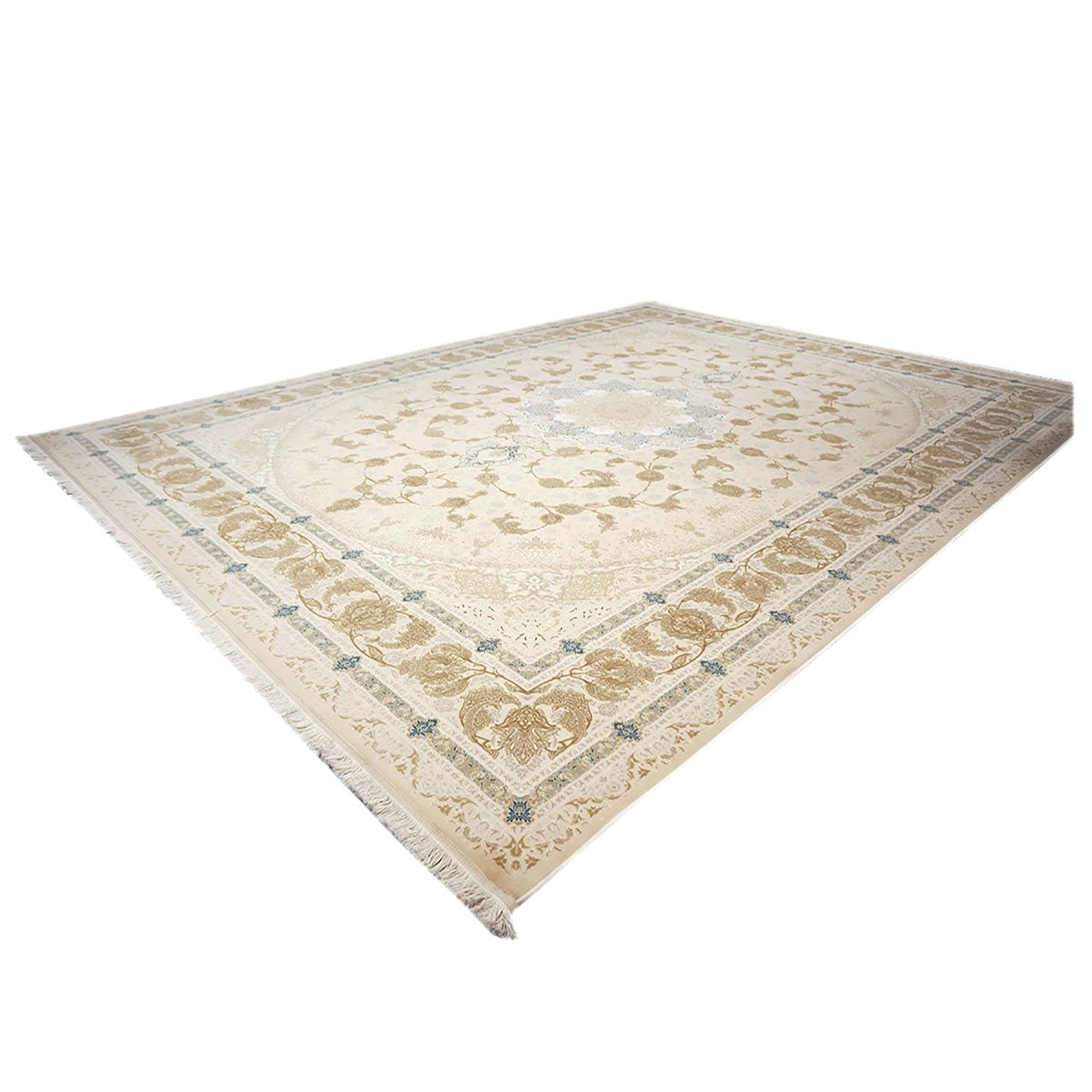 Turkish Tabriz Acrylic 10x13 Ivory, Camel & Blue Machine Made Area Rug #1144018