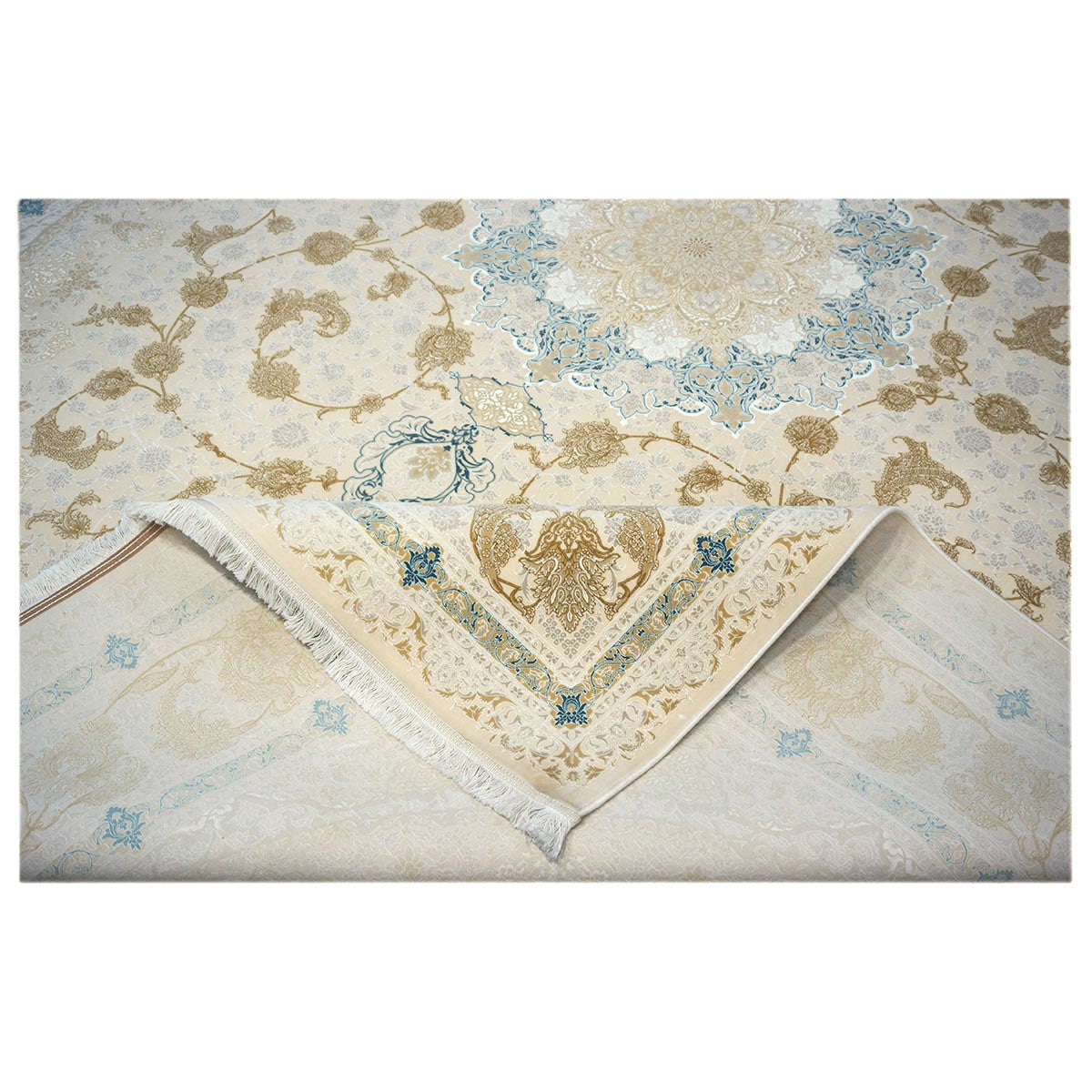 Turkish Tabriz Acrylic 10x13 Ivory, Camel & Blue Machine Made Area Rug #1144018