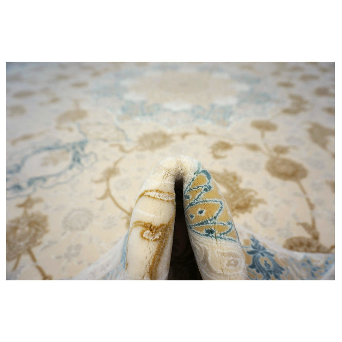 Turkish Tabriz Acrylic 10x13 Ivory, Camel & Blue Machine Made Area Rug #1144018