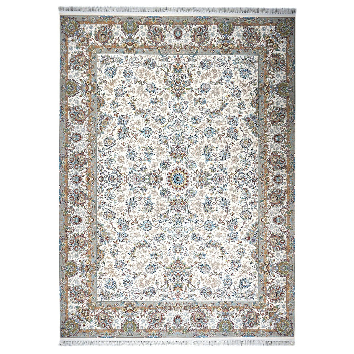 Turkish Tabriz Acrylic 10x13 Ivory, Grey & Blue Machine Made Area Rug #1144021