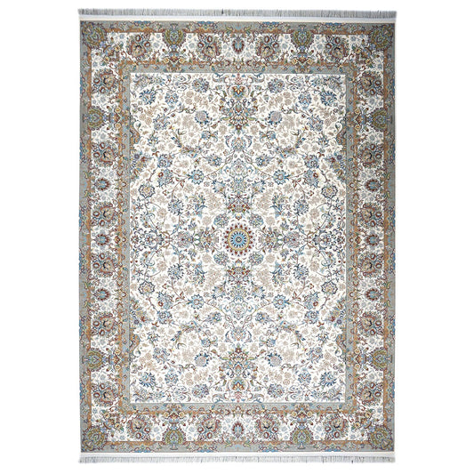 Turkish Tabriz Acrylic 10x13 Ivory, Grey & Blue Machine Made Area Rug #1144021