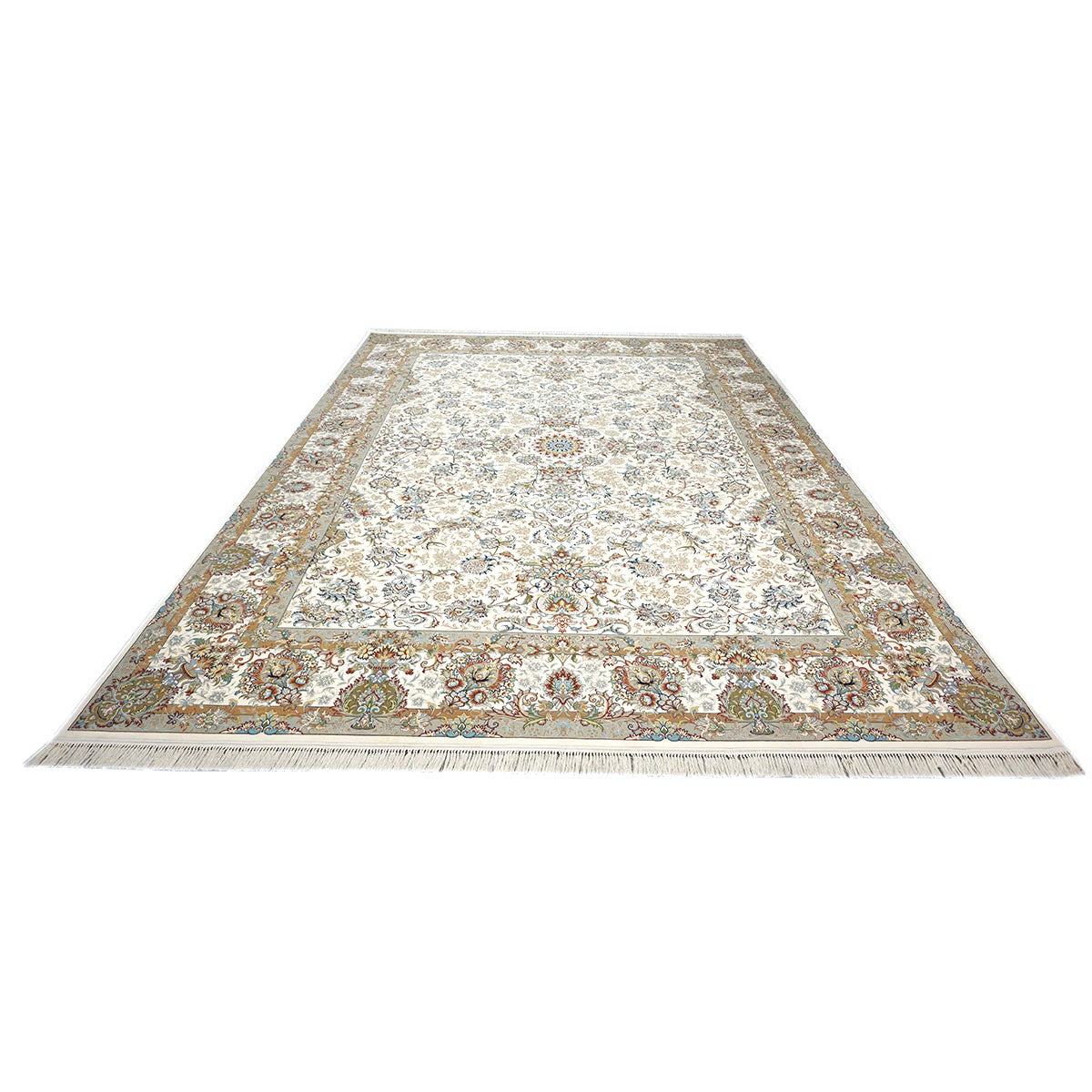 Turkish Tabriz Acrylic 10x13 Ivory, Grey & Blue Machine Made Area Rug #1144021