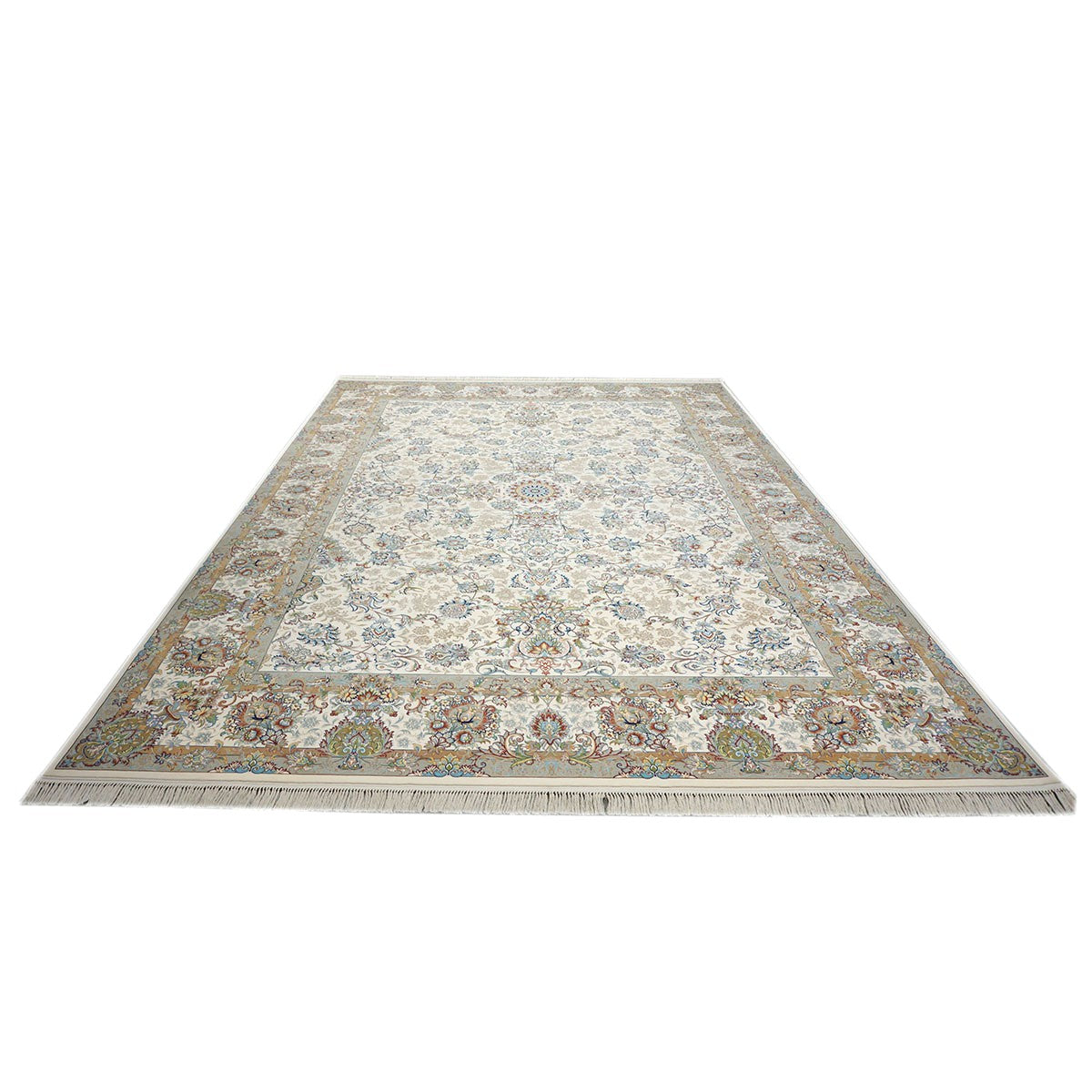 Turkish Tabriz Acrylic 10x13 Ivory, Grey & Blue Machine Made Area Rug #1144021