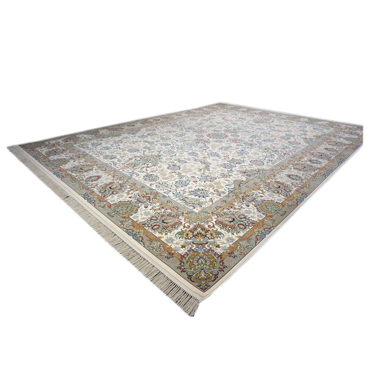 Turkish Tabriz Acrylic 10x13 Ivory, Grey & Blue Machine Made Area Rug #1144021