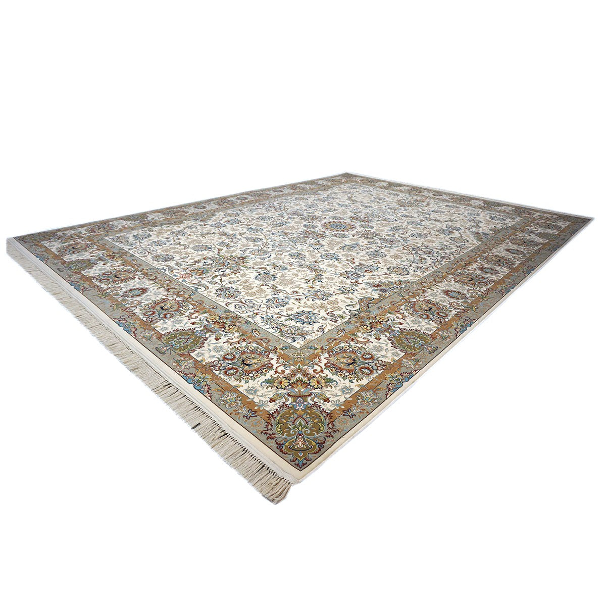 Turkish Tabriz Acrylic 10x13 Ivory, Grey & Blue Machine Made Area Rug #1144021