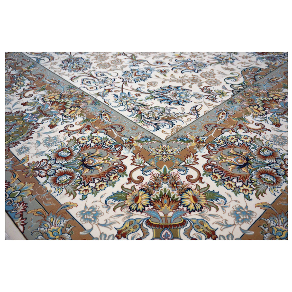 Turkish Tabriz Acrylic 10x13 Ivory, Grey & Blue Machine Made Area Rug #1144021