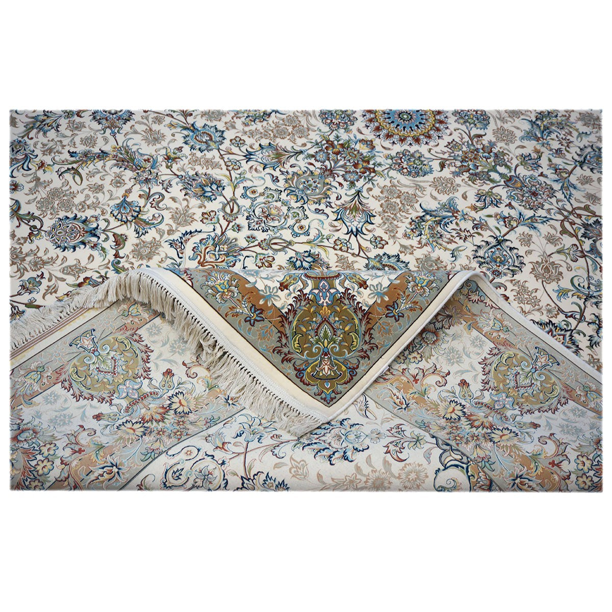 Turkish Tabriz Acrylic 10x13 Ivory, Grey & Blue Machine Made Area Rug #1144021