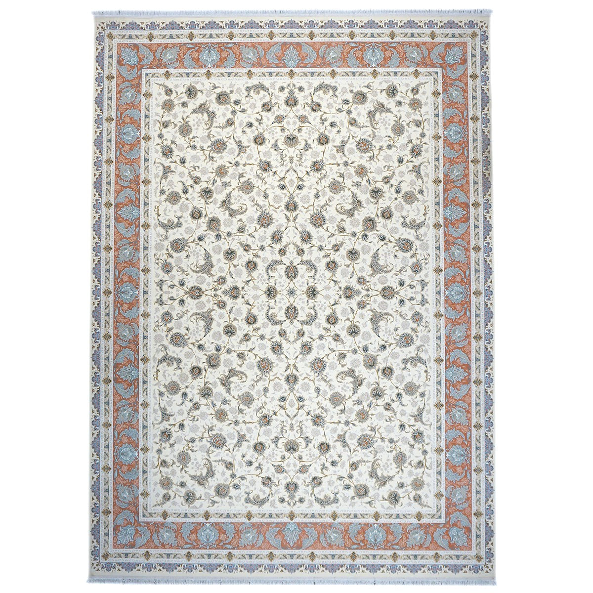 Turkish Tabriz Acrylic 10x13 Ivory, Salmon & Blue Machine Made Area Rug #1144022