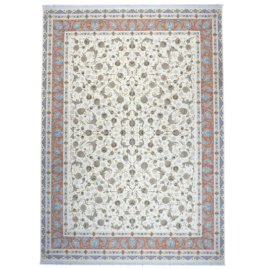 Turkish Tabriz Acrylic 10x13 Ivory, Salmon & Blue Machine Made Area Rug #1144022