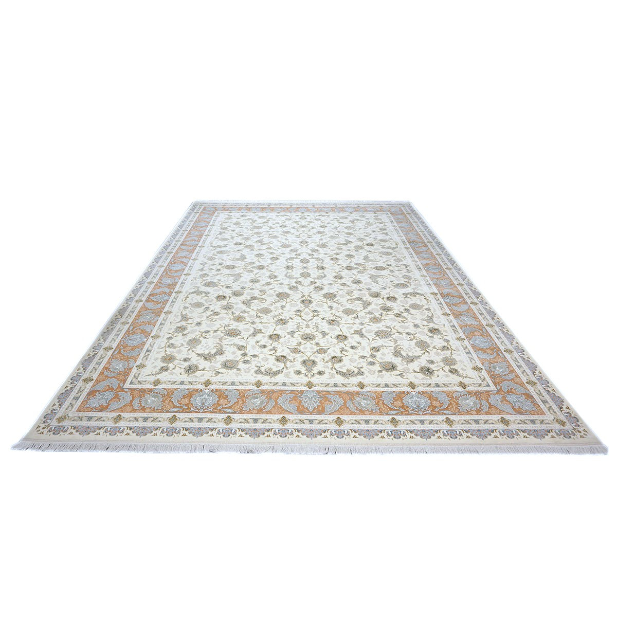 Turkish Tabriz Acrylic 10x13 Ivory, Salmon & Blue Machine Made Area Rug #1144022