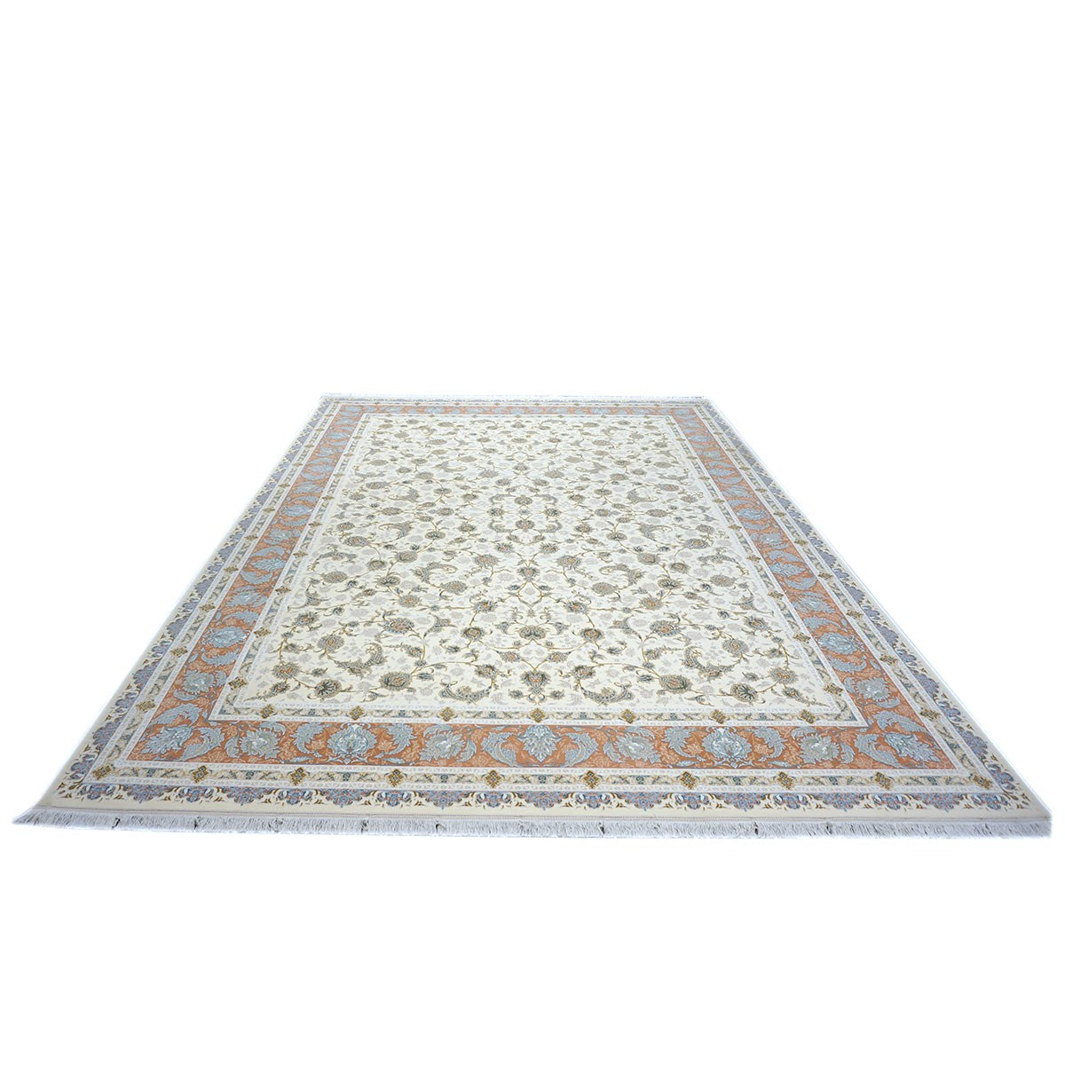 Turkish Tabriz Acrylic 10x13 Ivory, Salmon & Blue Machine Made Area Rug #1144022