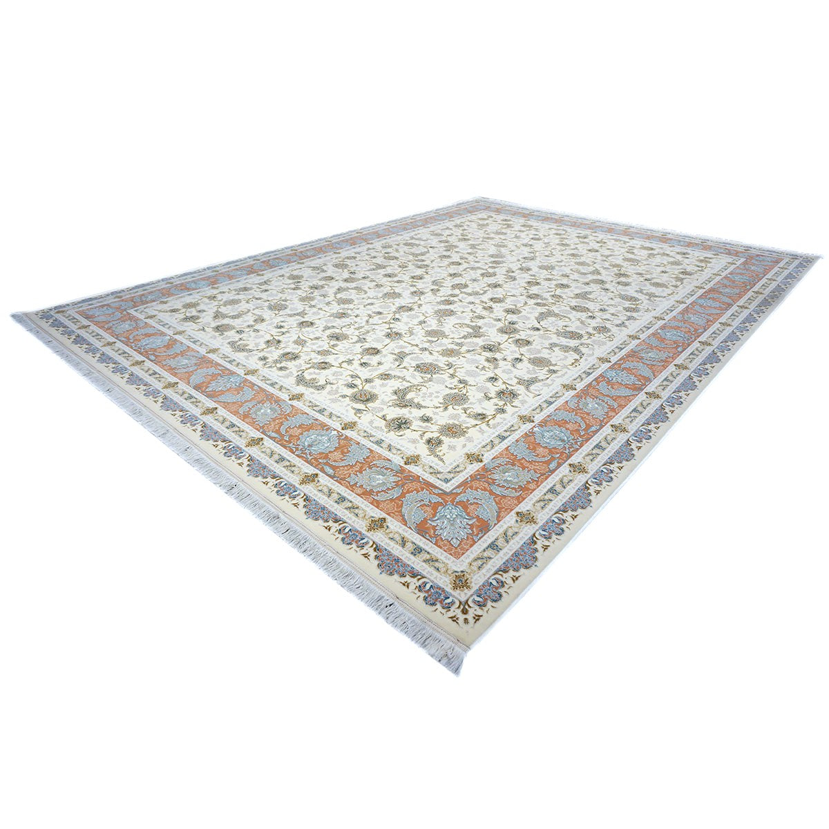 Turkish Tabriz Acrylic 10x13 Ivory, Salmon & Blue Machine Made Area Rug #1144022