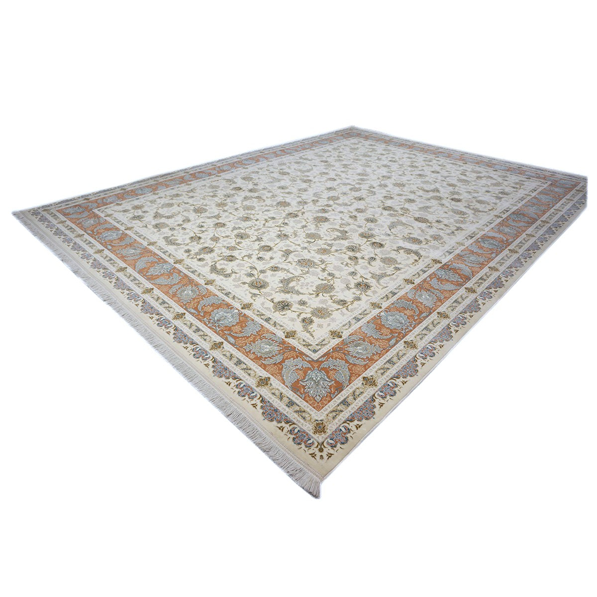 Turkish Tabriz Acrylic 10x13 Ivory, Salmon & Blue Machine Made Area Rug #1144022