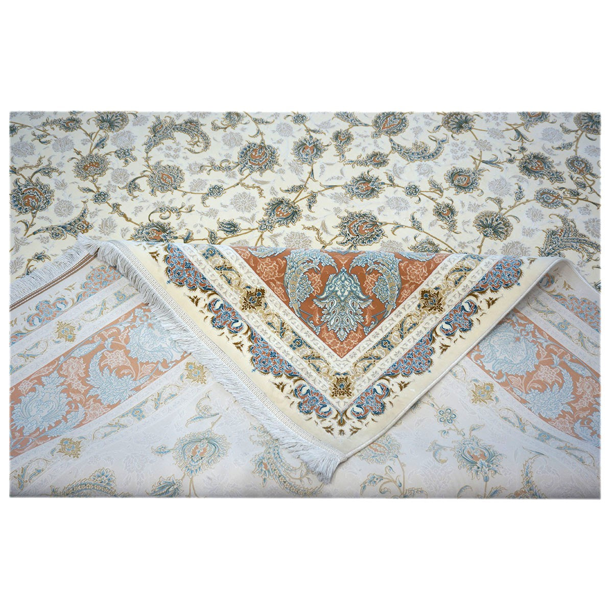 Turkish Tabriz Acrylic 10x13 Ivory, Salmon & Blue Machine Made Area Rug #1144022