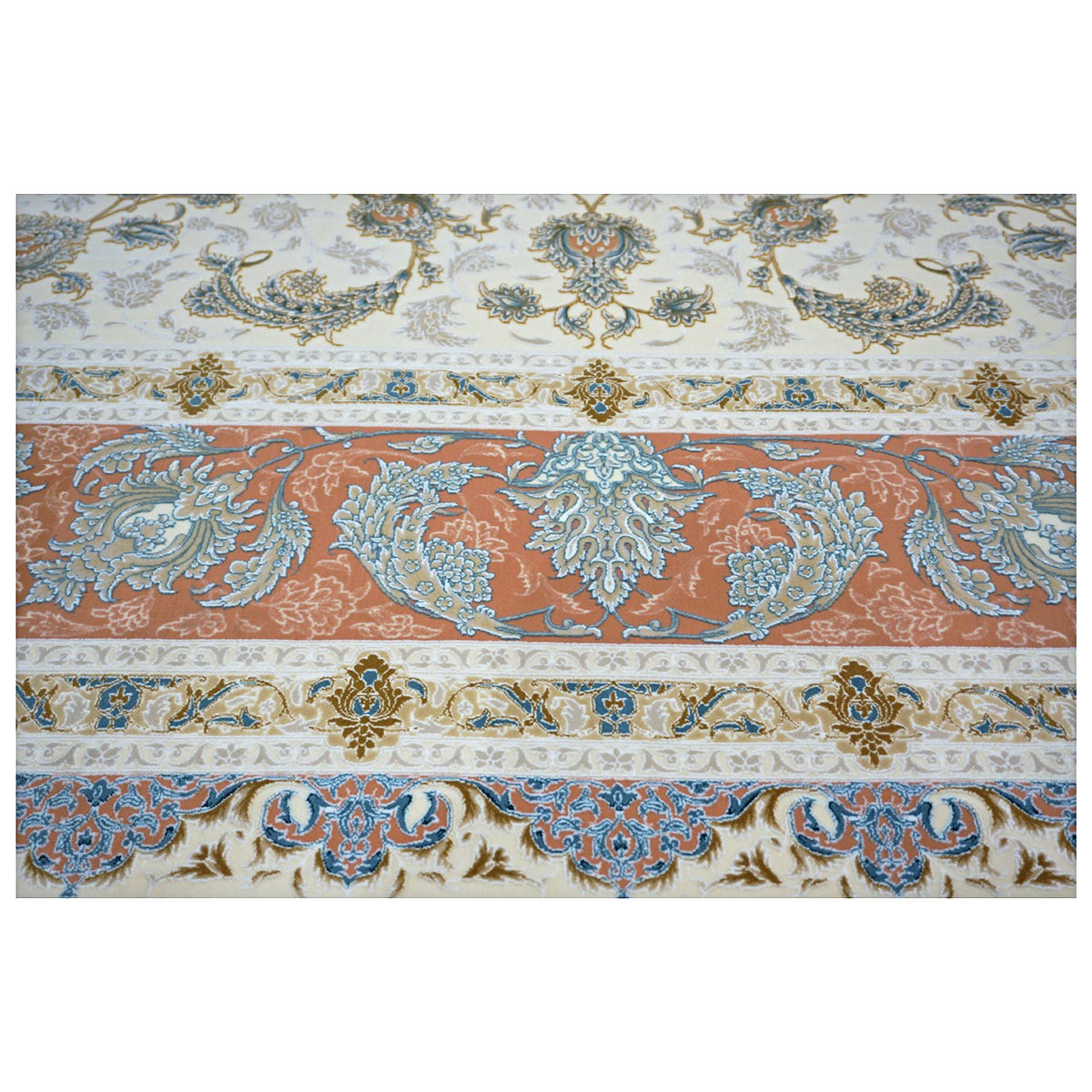 Turkish Tabriz Acrylic 10x13 Ivory, Salmon & Blue Machine Made Area Rug #1144022