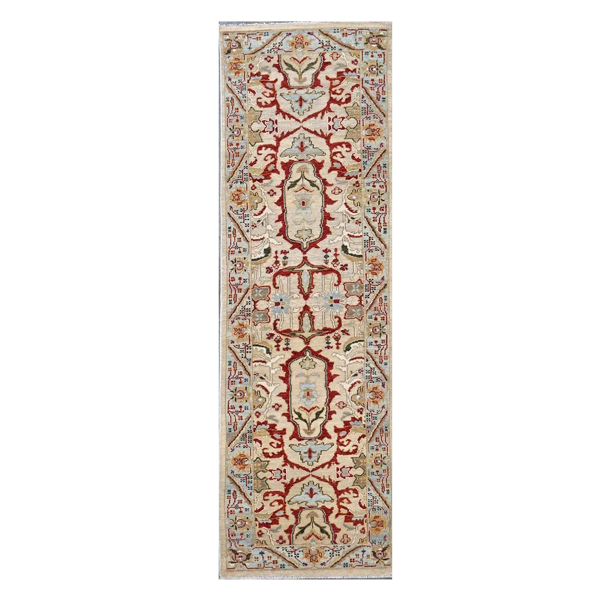 Afghan Sultanabad Wool 3x10 Tan, Red & Light Blue Handmade Runner Rug #1144042