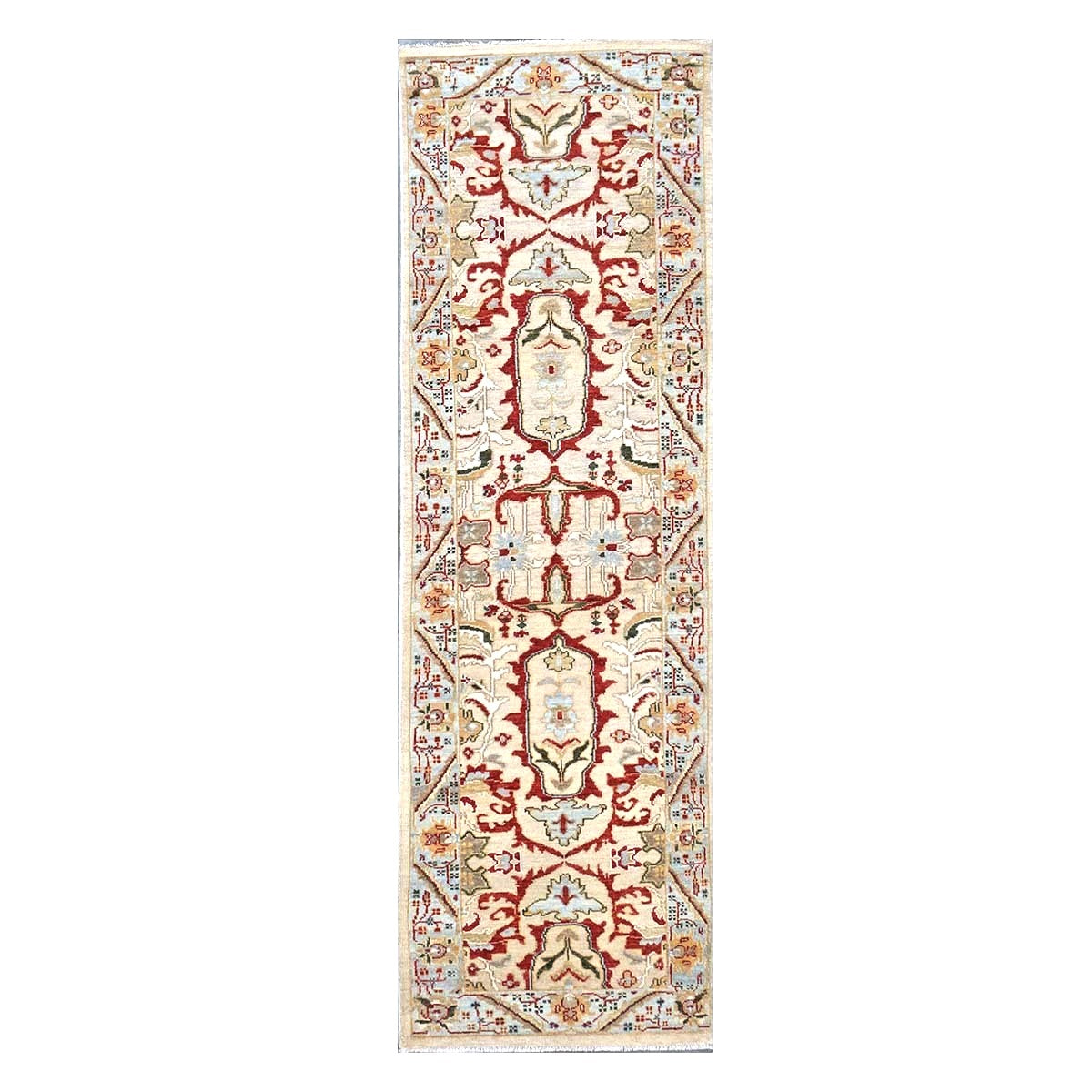 Afghan Sultanabad Wool 3x10 Tan, Red & Light Blue Handmade Runner Rug #1144042