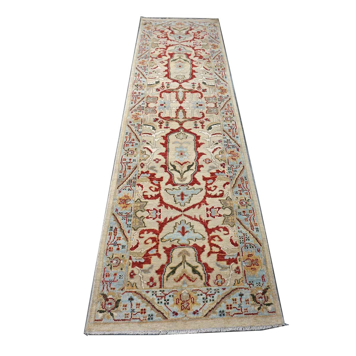 Afghan Sultanabad Wool 3x10 Tan, Red & Light Blue Handmade Runner Rug #1144042