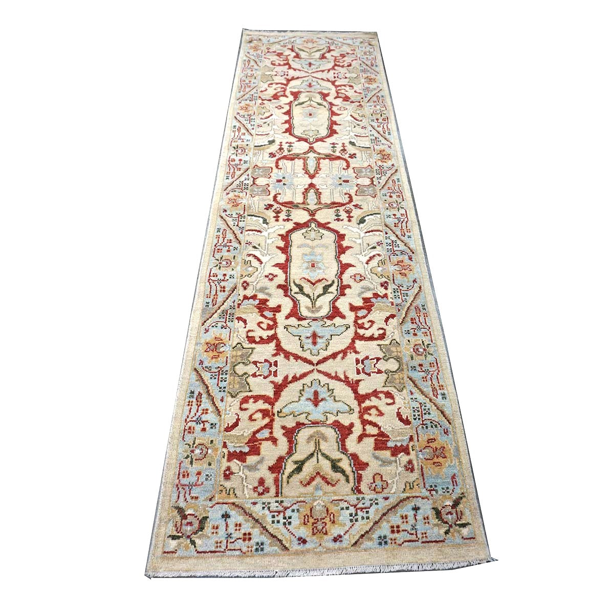 Afghan Sultanabad Wool 3x10 Tan, Red & Light Blue Handmade Runner Rug #1144042