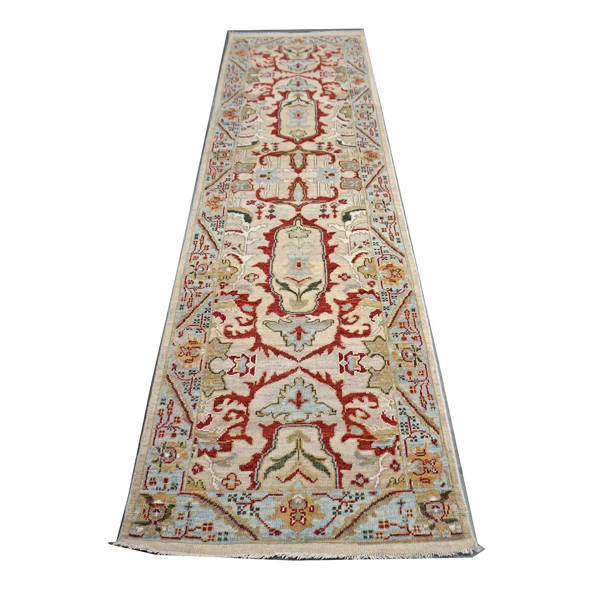 Afghan Sultanabad Wool 3x10 Tan, Red & Light Blue Handmade Runner Rug #1144042