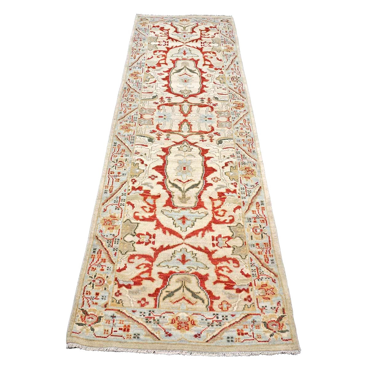 Afghan Sultanabad Wool 3x10 Tan, Ivory, Red & Light Blue Handmade Area Rug #1144044