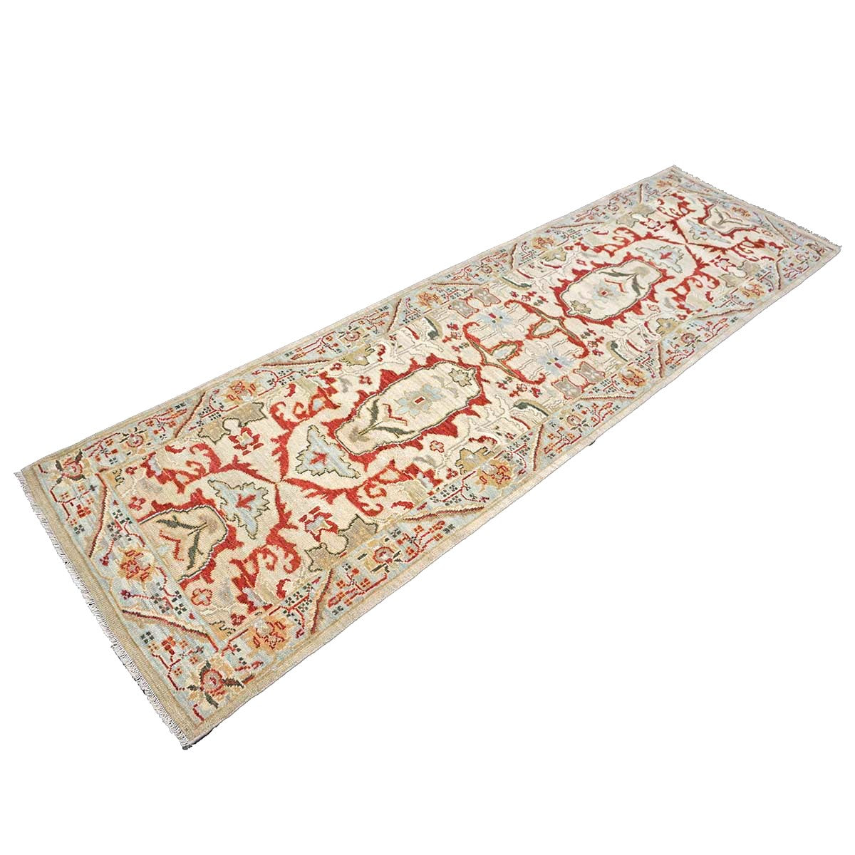 Afghan Sultanabad Wool 3x10 Tan, Ivory, Red & Light Blue Handmade Area Rug #1144044