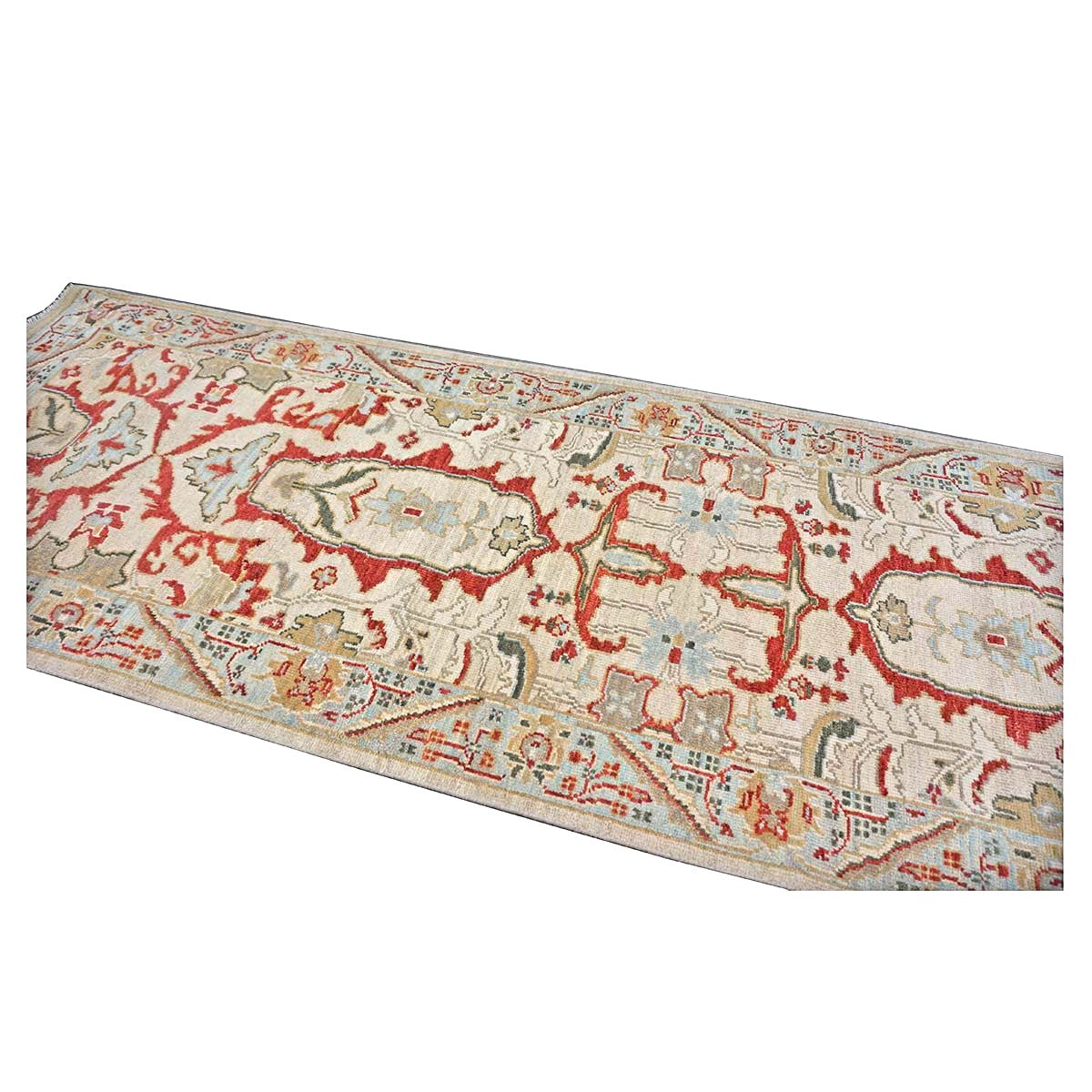 Afghan Sultanabad Wool 3x10 Tan, Ivory, Red & Light Blue Handmade Area Rug #1144044