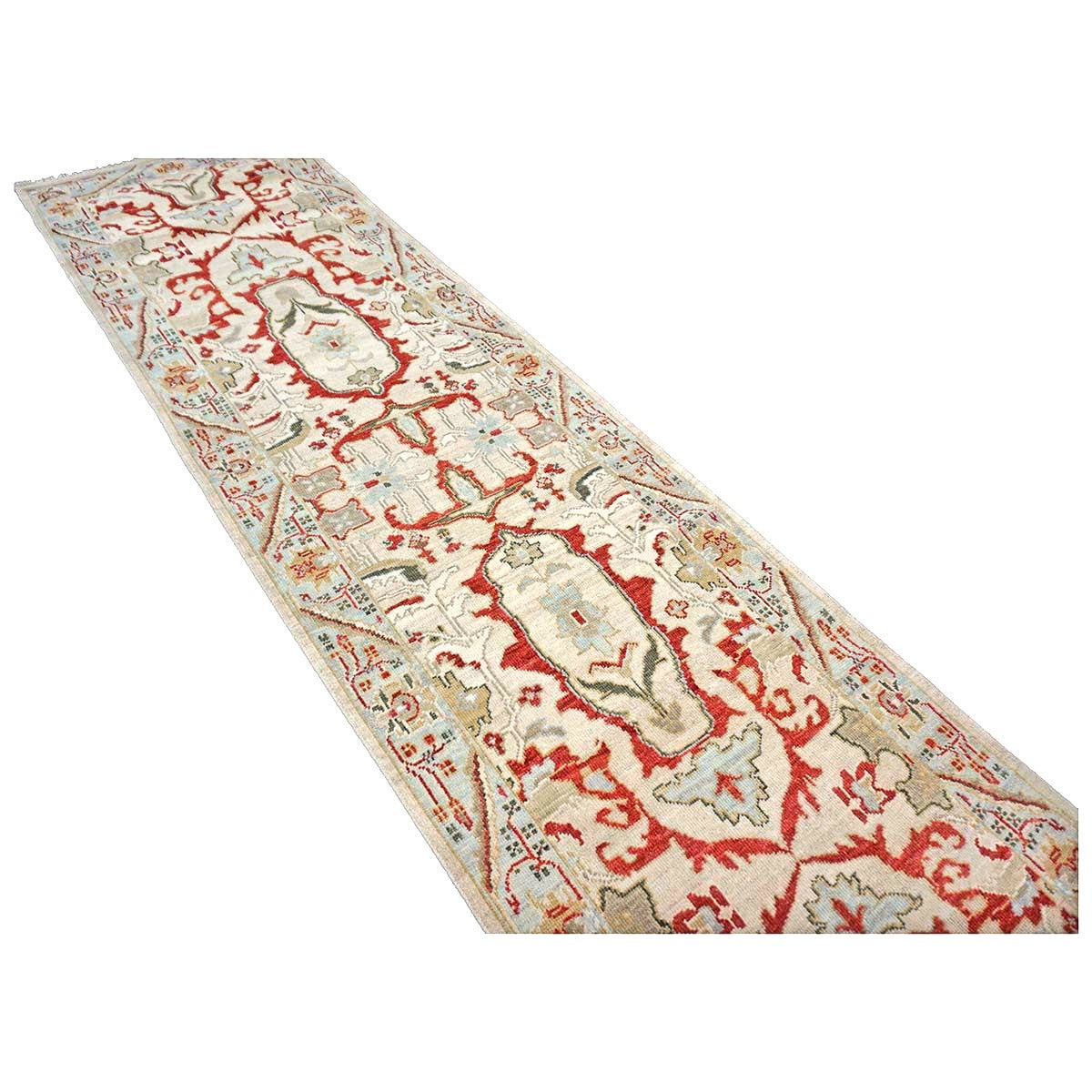 Afghan Sultanabad Wool 3x10 Tan, Ivory, Red & Light Blue Handmade Area Rug #1144044