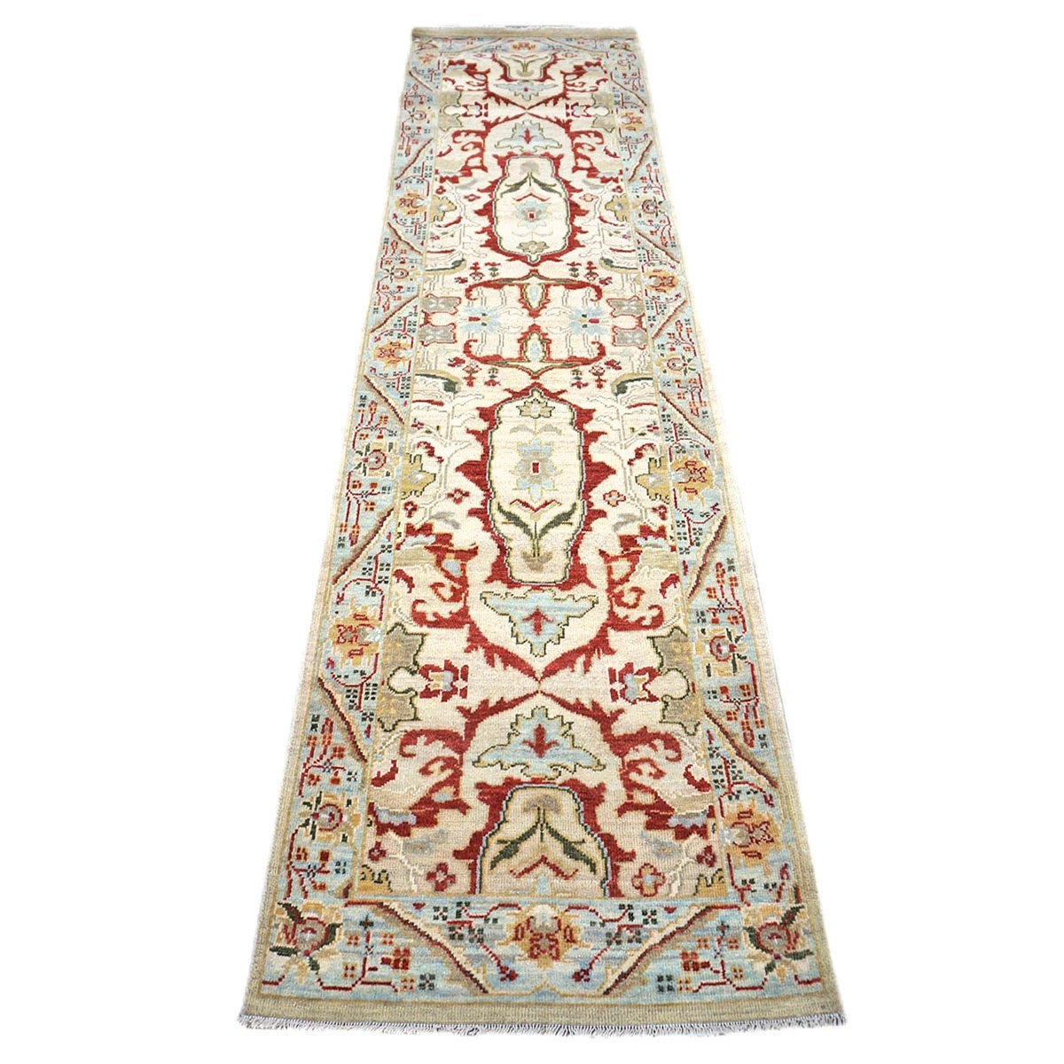 Afghan Sultanabad Wool 3x10 Tan, Ivory, Red & Light Blue Handmade Area Rug #1144044